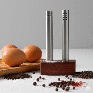 SET SAL Y PIMIENTA DE ACERO TUBO CON BASE DE MADERA