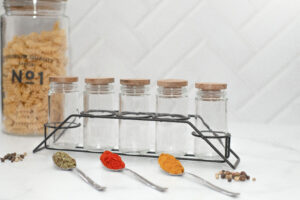 SET X 5 ESPECIEROS VIDRIO Y ACACIA