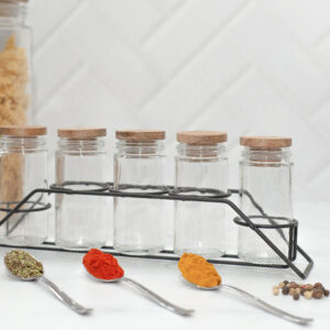 SET X 5 ESPECIEROS VIDRIO Y ACACIA