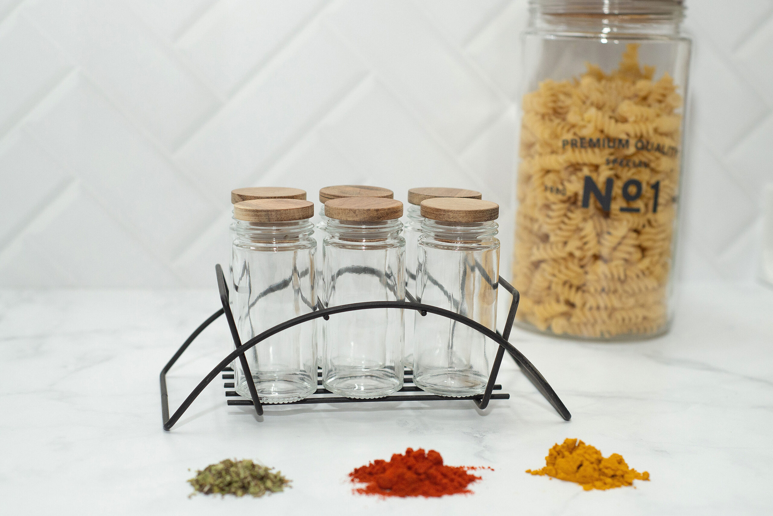 SET X 6 ESPECIEROS DE VIDRIO Y ACACIA