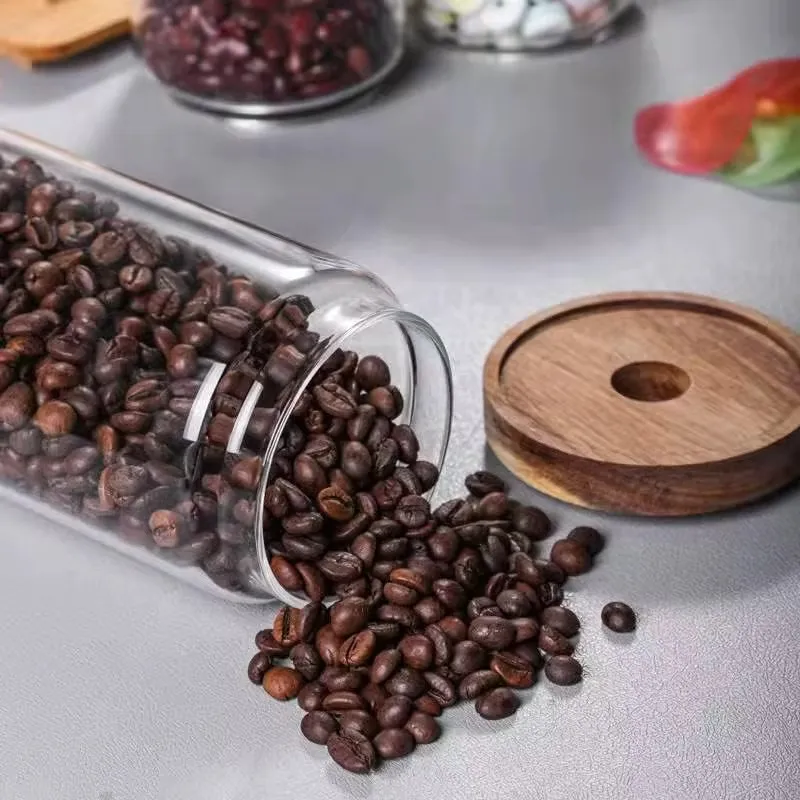 FRASCO DE VIDRIO REDONDO CON TAPA DE ACACIA - Image 4