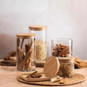 FRASCO DE VIDRIO REDONDO CON TAPA DE BAMBU