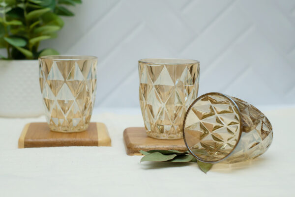SET DE 6 VASOS BAJOS DE VIDRIO ROMBOS COLOR CHAMPAGNE 300 ML