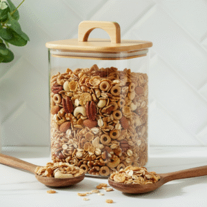 FRASCO DE VIDRIO REDONDO CON TAPA DE ACACIA