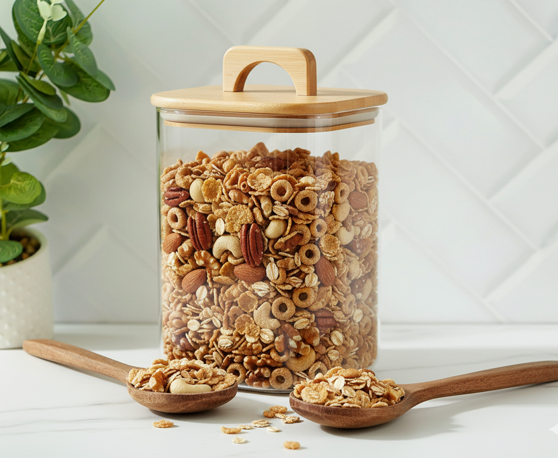 FRASCO DE VIDRIO REDONDO CON TAPA DE ACACIA