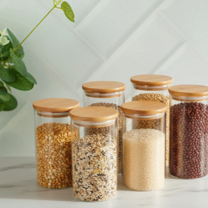 FRASCO DE VIDRIO REDONDO CON TAPA DE BAMBU