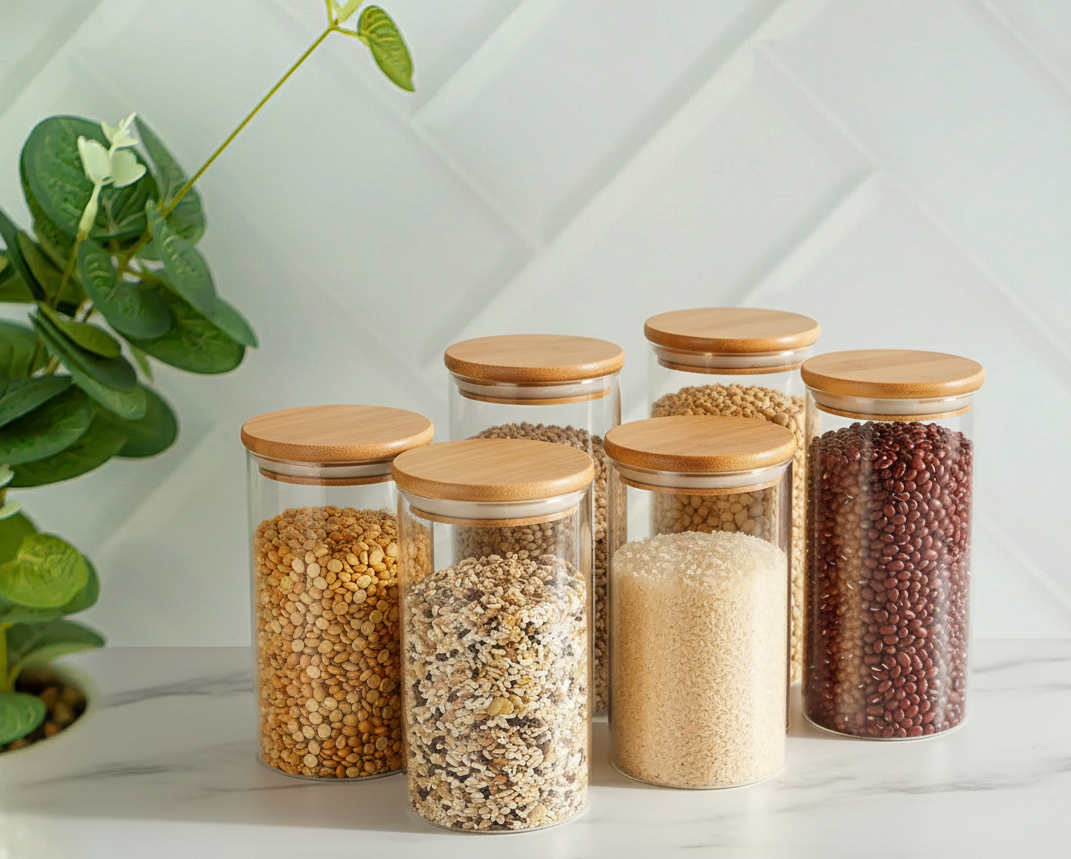 FRASCO DE VIDRIO REDONDO CON TAPA DE BAMBU