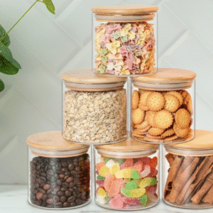 FRASCO DE VIDRIO REDONDO CON TAPA DE BAMBU