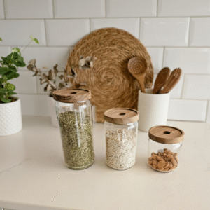 FRASCO DE VIDRIO REDONDO CON TAPA DE ACACIA