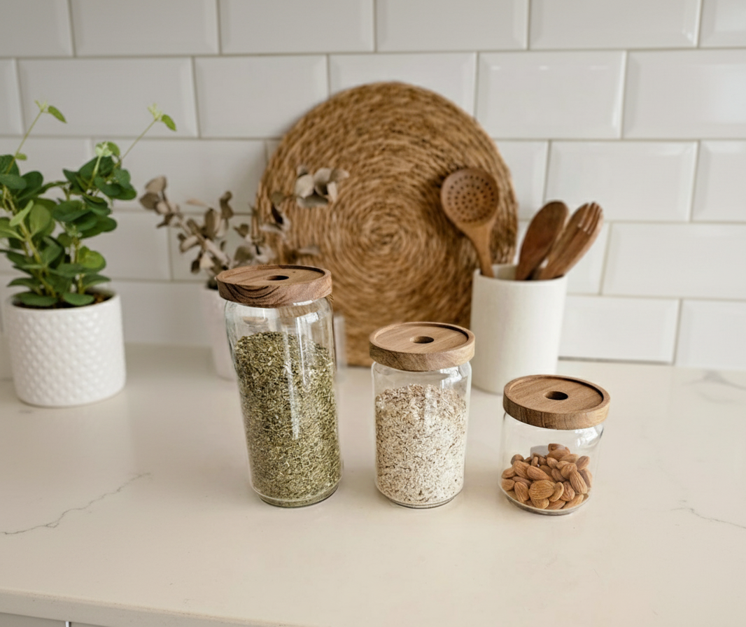 FRASCO DE VIDRIO REDONDO CON TAPA DE ACACIA