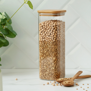 FRASCO DE VIDRIO CUADRADO CON TAPA DE BAMBU