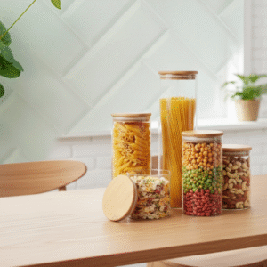 FRASCO DE VIDRIO REDONDO CON TAPA DE BAMBU