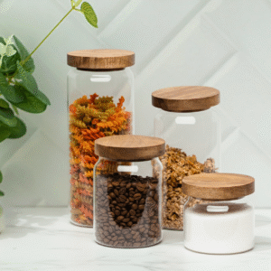 FRASCO DE VIDRIO REDONDO CON TAPA DE ACACIA