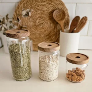 FRASCO DE VIDRIO REDONDO CON TAPA DE ACACIA