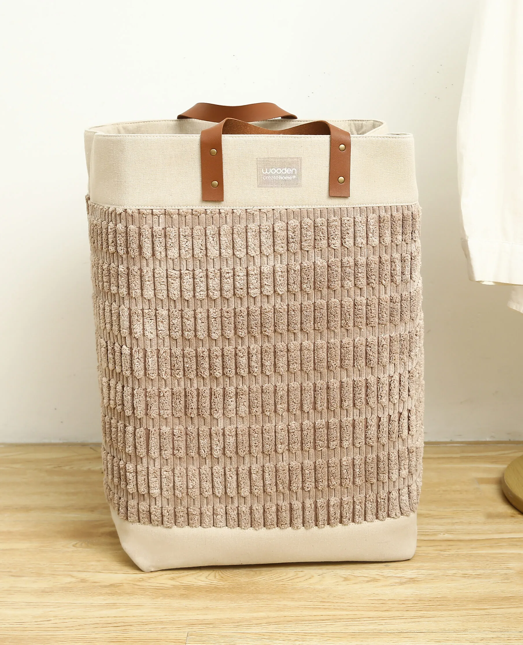 CESTO LAUNDRY DE TELA CON MANIJA DE CUERO