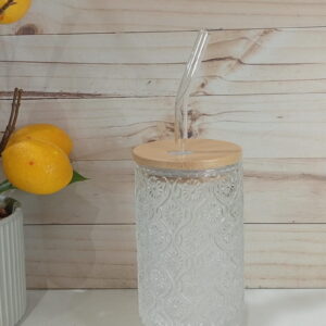 VASO VIDRIO LABRADO T/BAMBU Y SORBETE 350ML