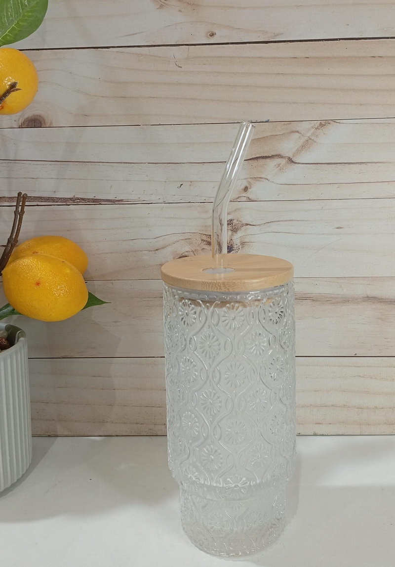 VASO VIDRIO LABRADO T/BAMBU Y SORBETE 350ML