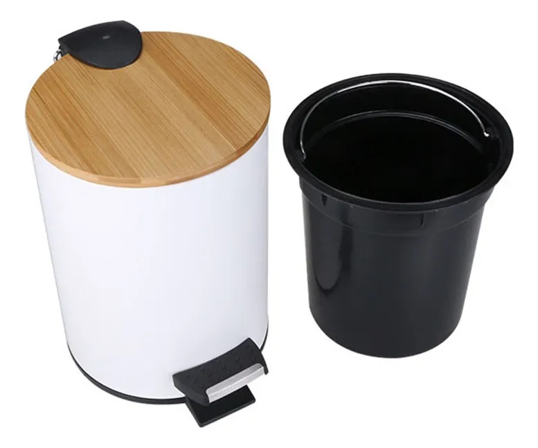 CESTO A PEDAL REDONDO BLANCO CON TAPA DE MADERA 3 LTS - Image 5