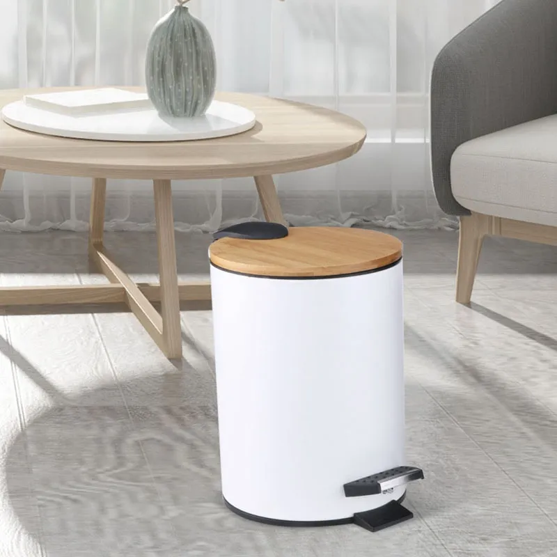 CESTO A PEDAL REDONDO BLANCO CON TAPA DE MADERA 3 LTS