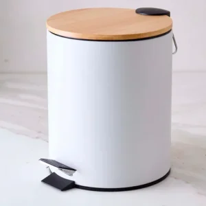 CESTO A PEDAL REDONDO BLANCO CON TAPA DE MADERA 5 LTS