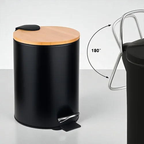 CESTO A PEDAL REDONDO NEGRO CON TAPA DE MADERA 3 LTS - Image 4