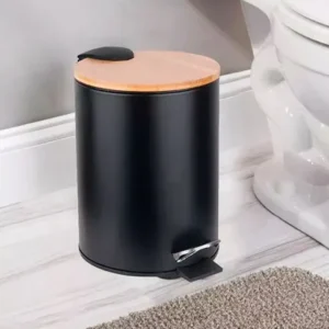 CESTO A PEDAL REDONDO NEGRO CON TAPA DE MADERA 5 LTS