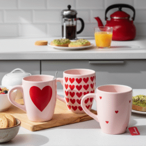 TAZA BOMBÉ ROSA CORAZONES ROJOS