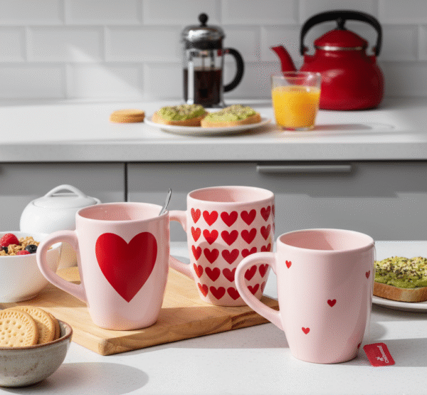 TAZA BOMBÉ ROSA CORAZONES ROJOS