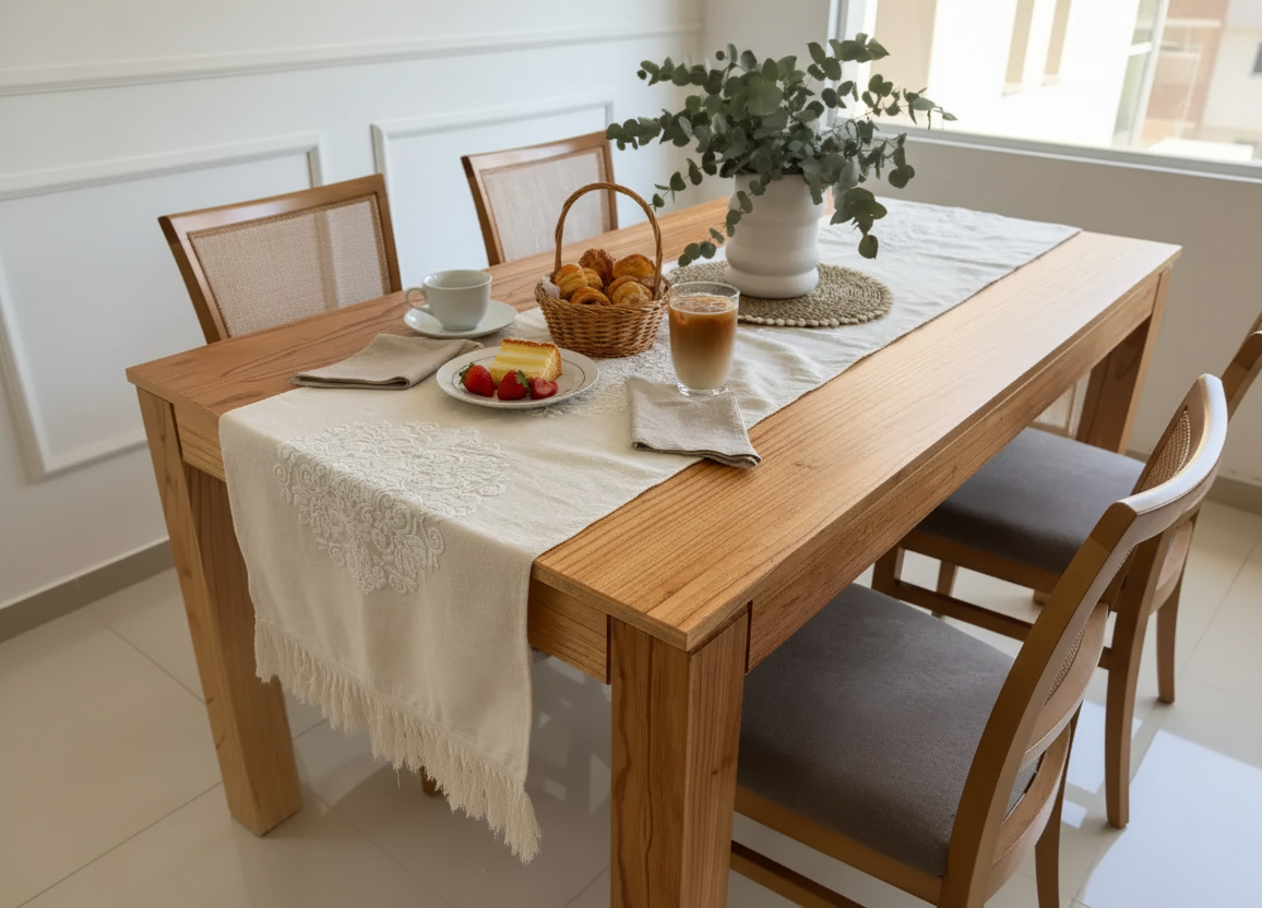 CAMINO DE MESA DE TUSOR BLANCO CON APLIQUE Y FLECOS