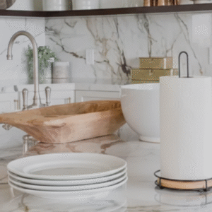 PORTARROLLO DE METAL CON BASE DE MADERA