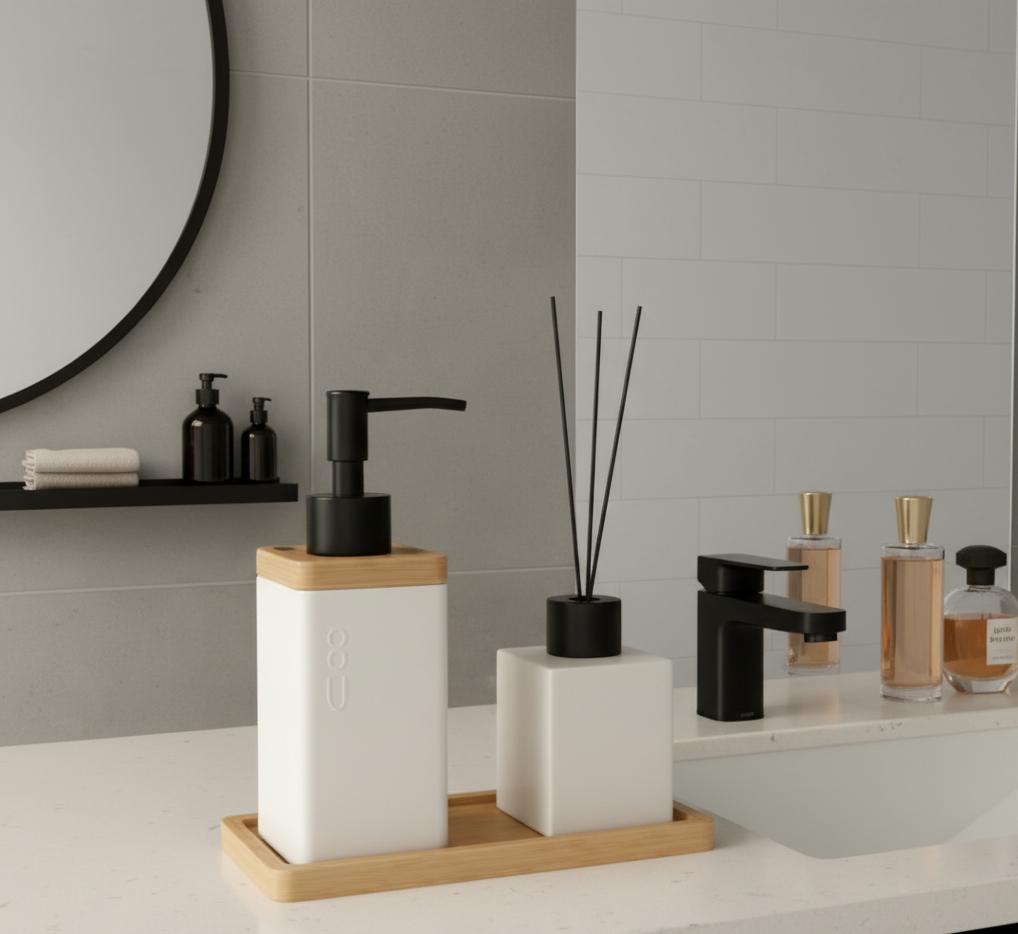 SET DE BAÑO DE CERÁMICA Y BAMBÚ