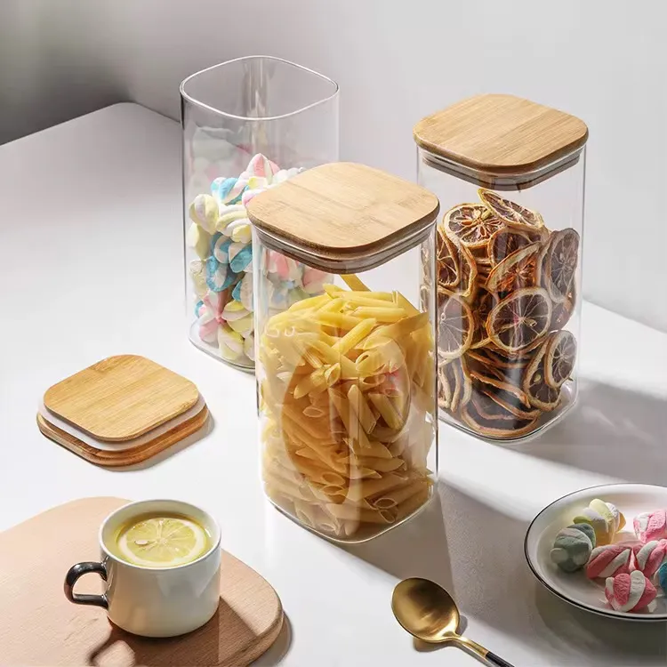 FRASCO DE VIDRIO CUADRADO CON TAPA DE BAMBU